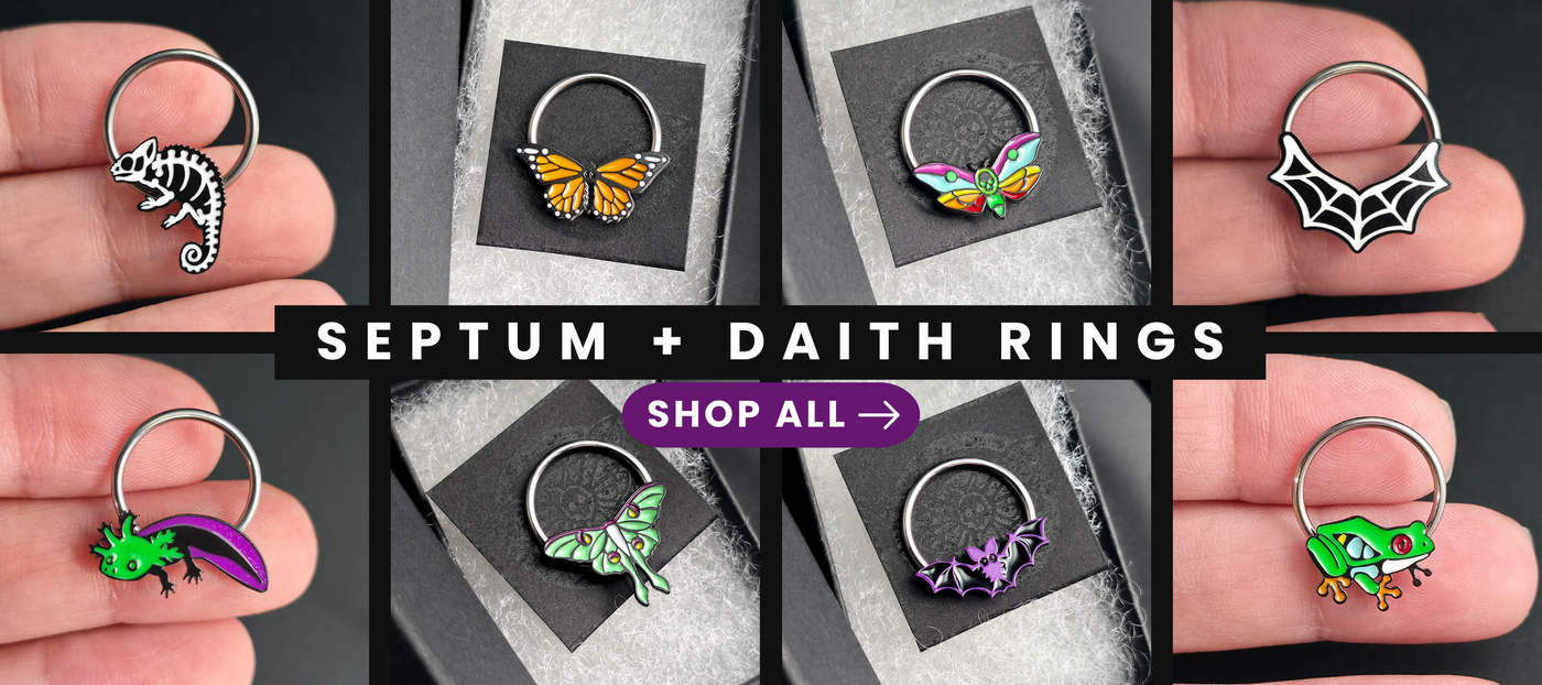 collage of metal lotus septum ring designs: chameleon, butterfly, death's head moth, spiderweb, axolotl, luna moth, bat, tree frog