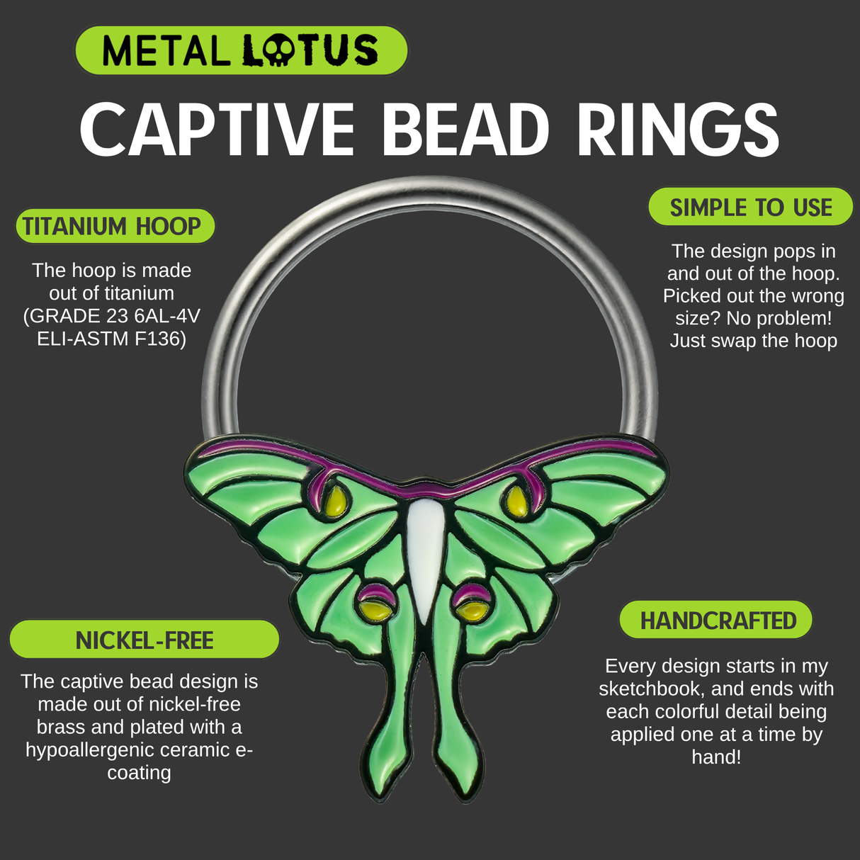 Metal Lotus captive bead ring with green luna moth design on a dark background