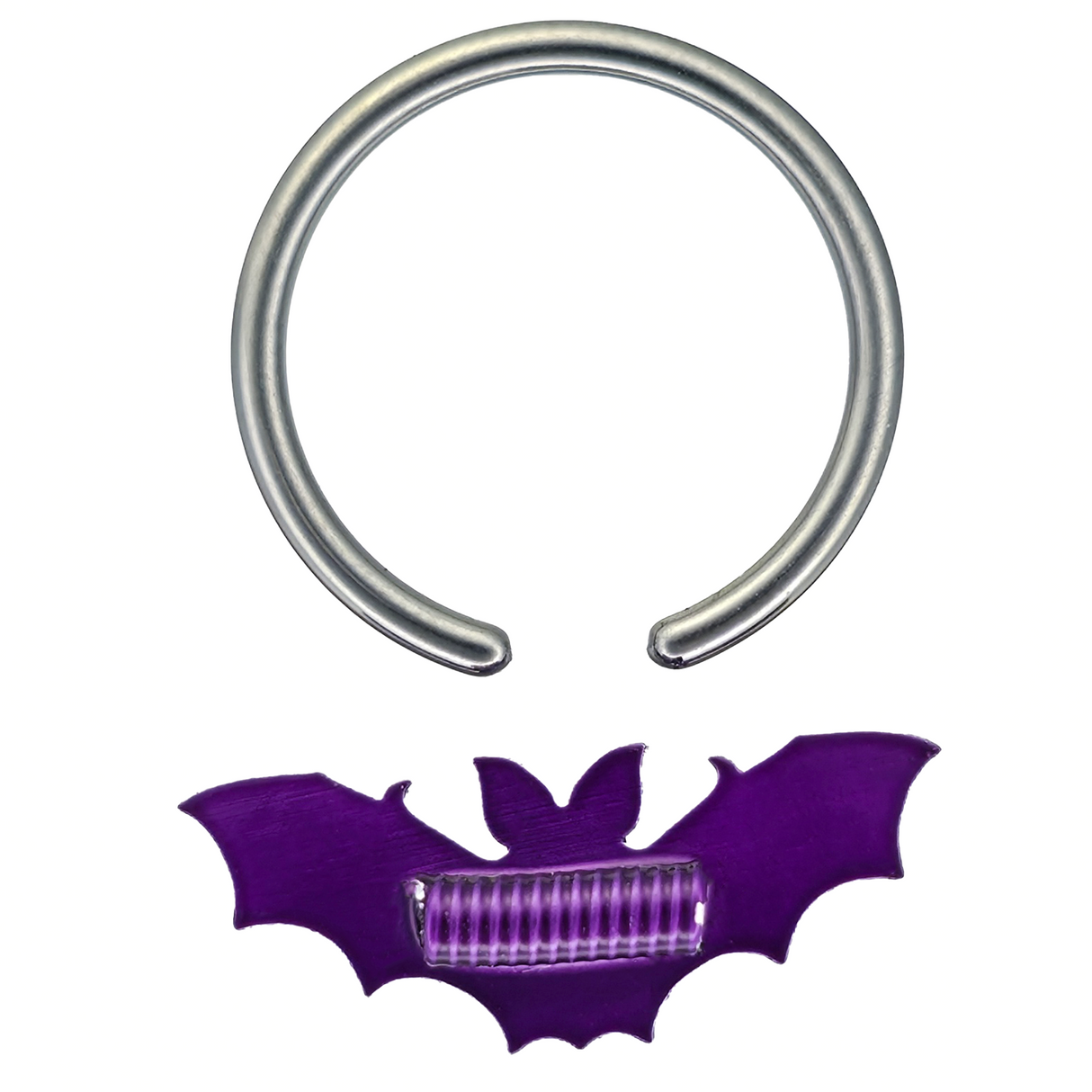 back side of purple halloween bat septum ring