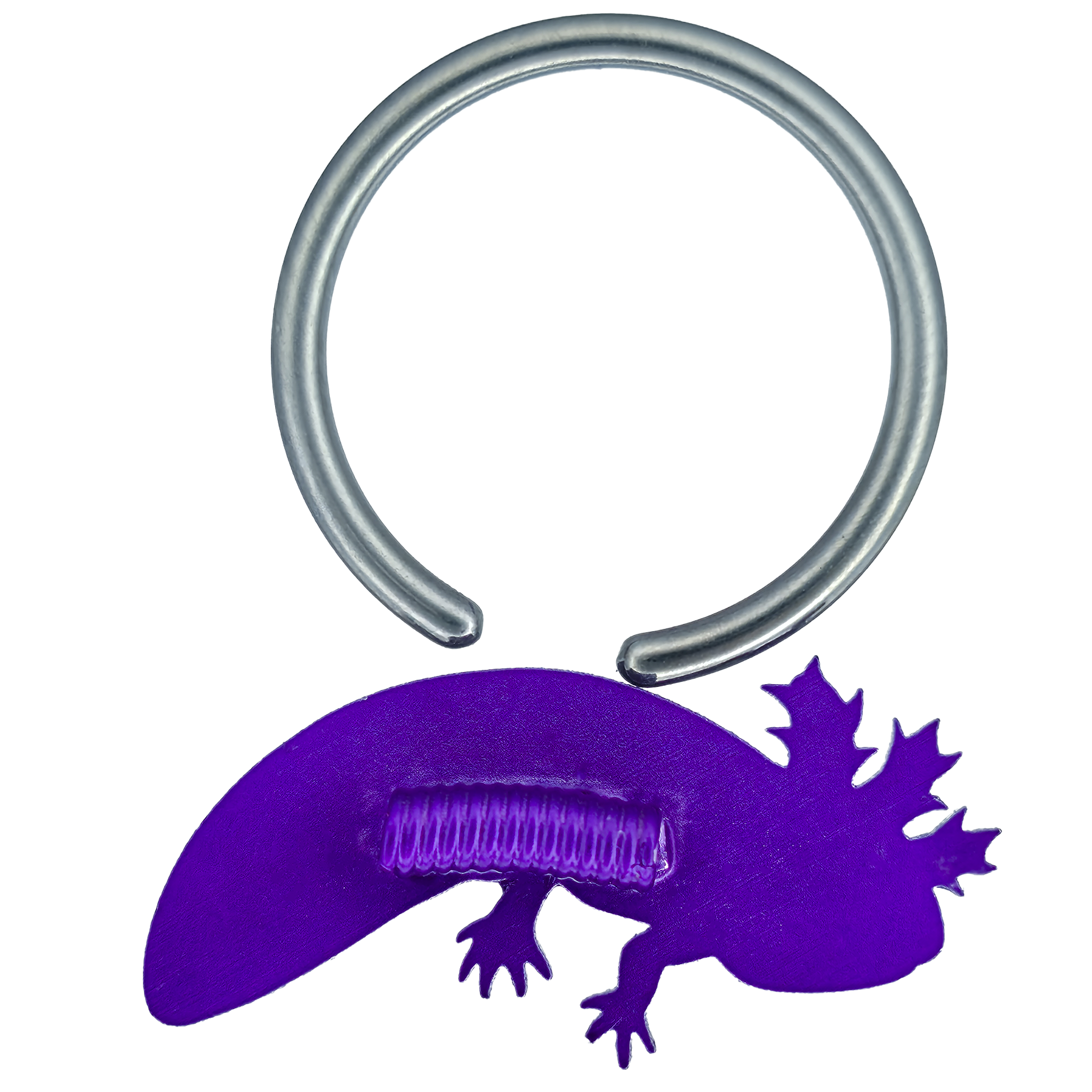 back side of black and purple axolotl captive bead ring
