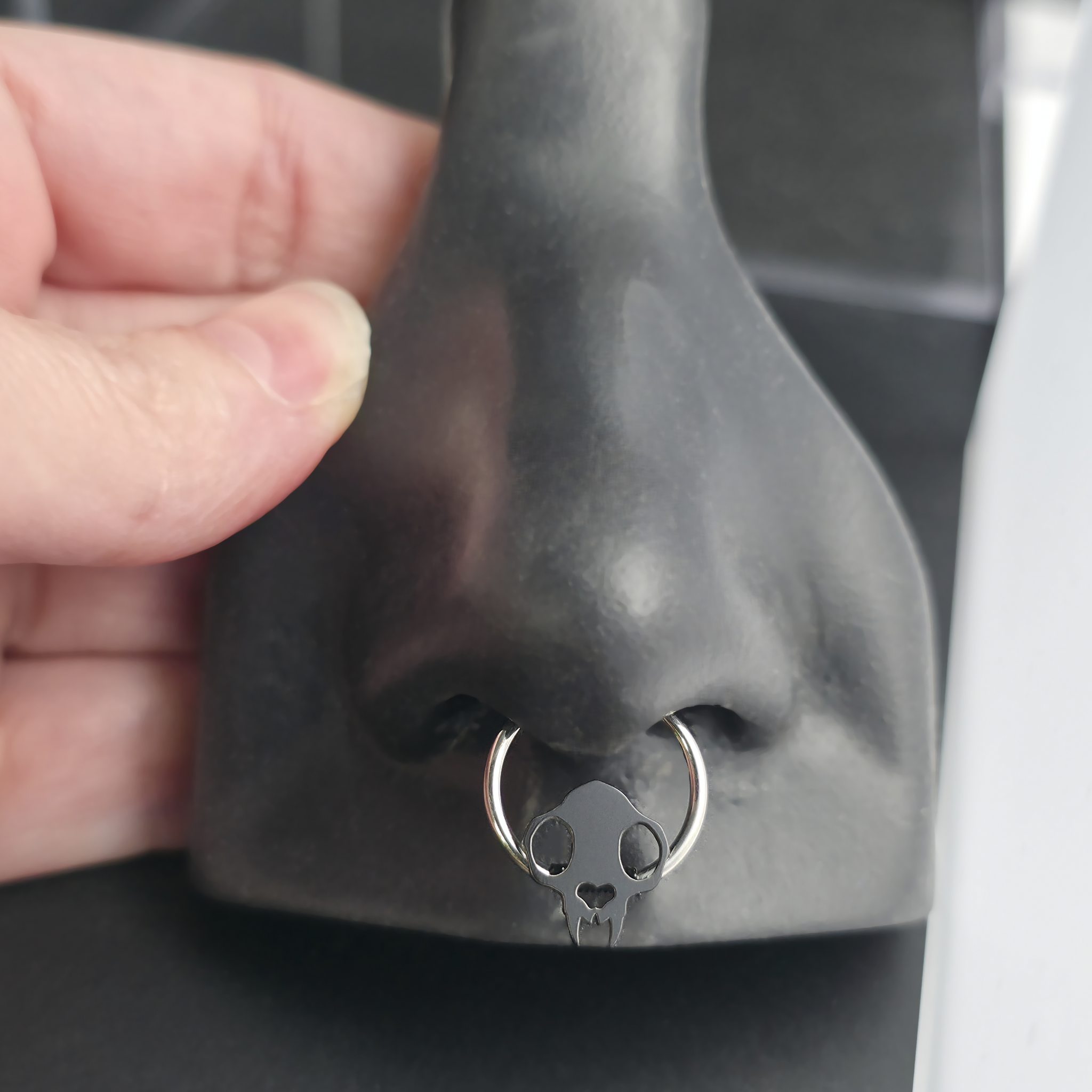 cat skull septum ring in nose
