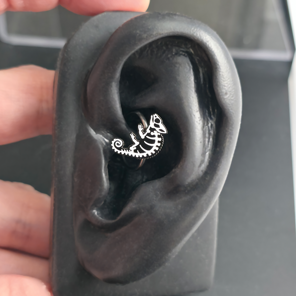 chameleon skeleton daith earring in ear