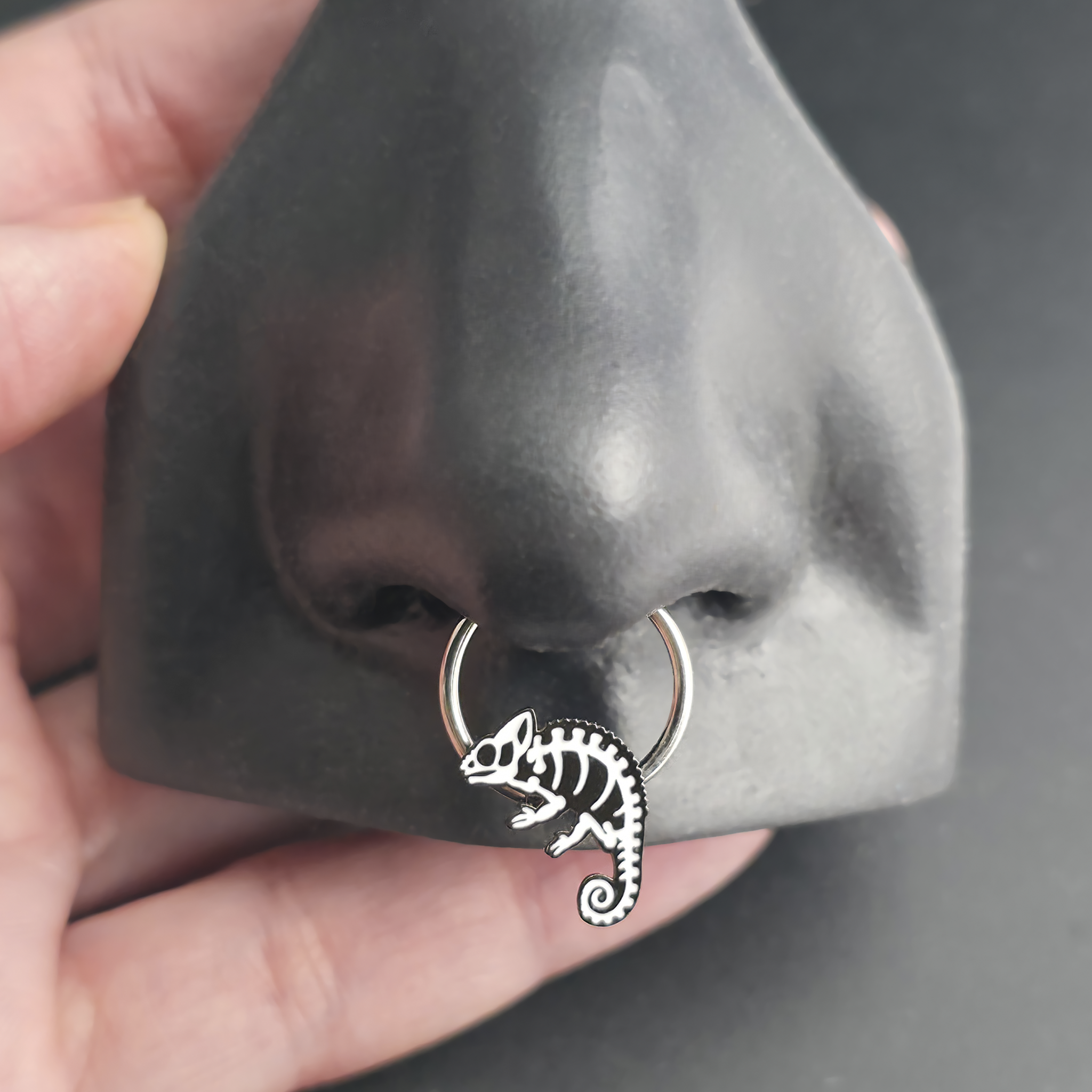 chameleon skeleton septum ring in nose