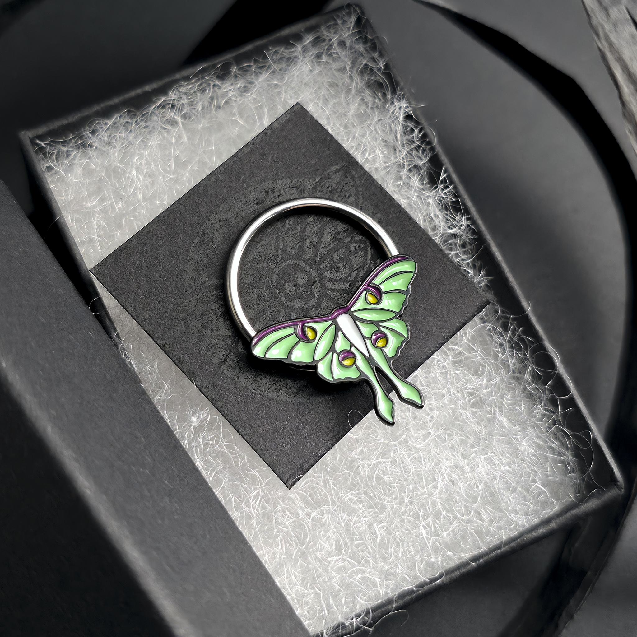 luna moth septum ring in jewelry box