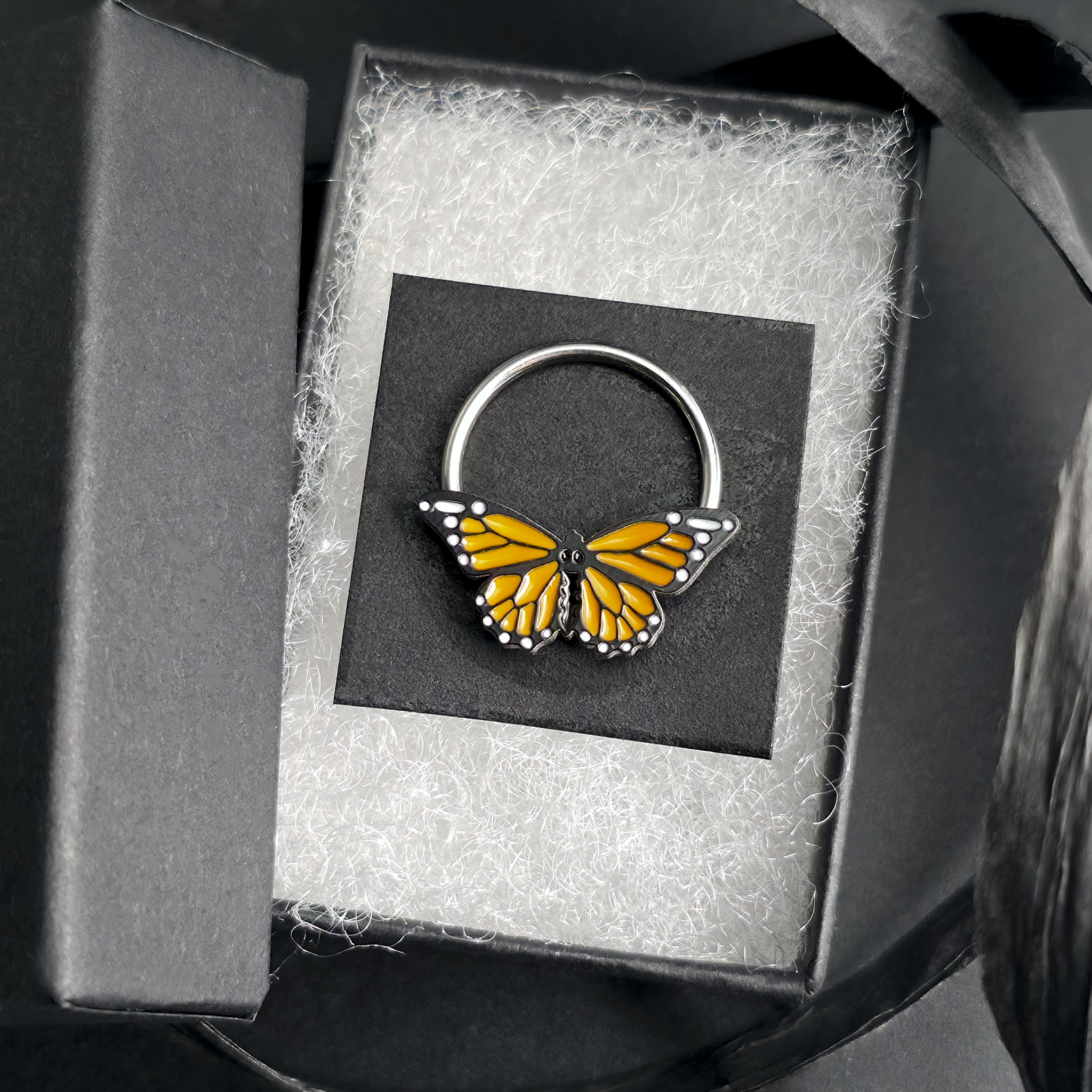 monarch butterfly septum ring in jewelry box