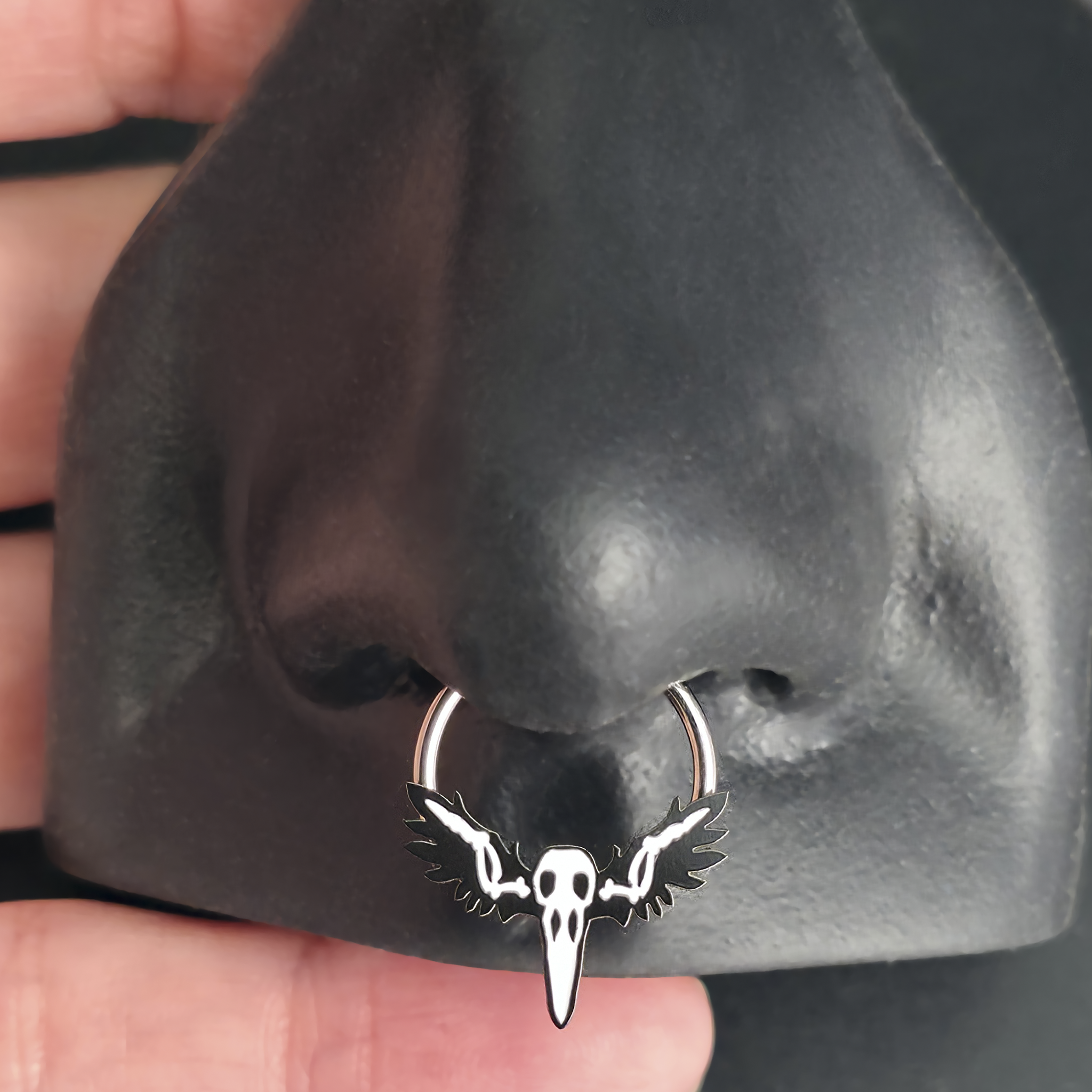 raven skull septum ring in nose