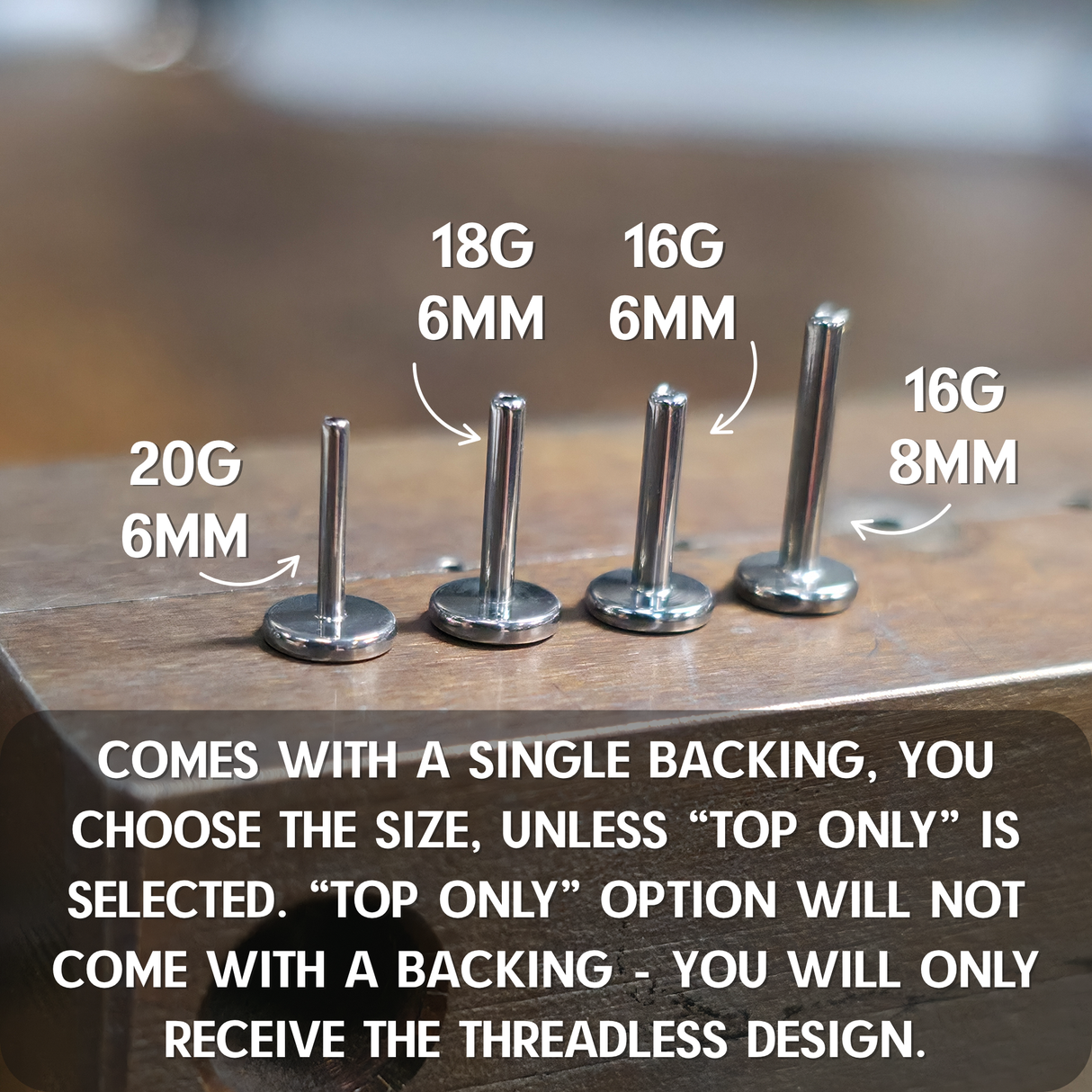 example of backing sizes that can be chosen for nose studs and earrings