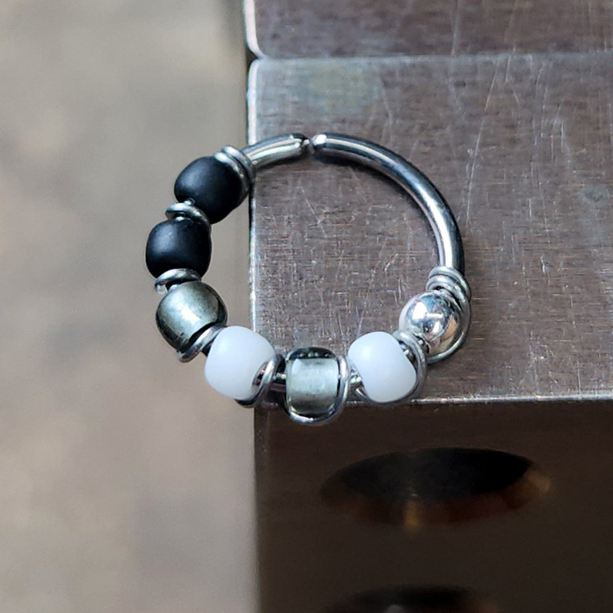 Black, White + Grey Beaded Nose Ring Hoop - Metal Lotus