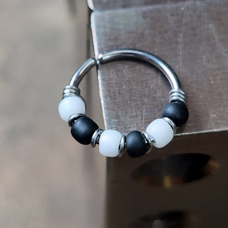 Checkered - Black + White Beaded Nose Ring Hoop - Metal Lotus