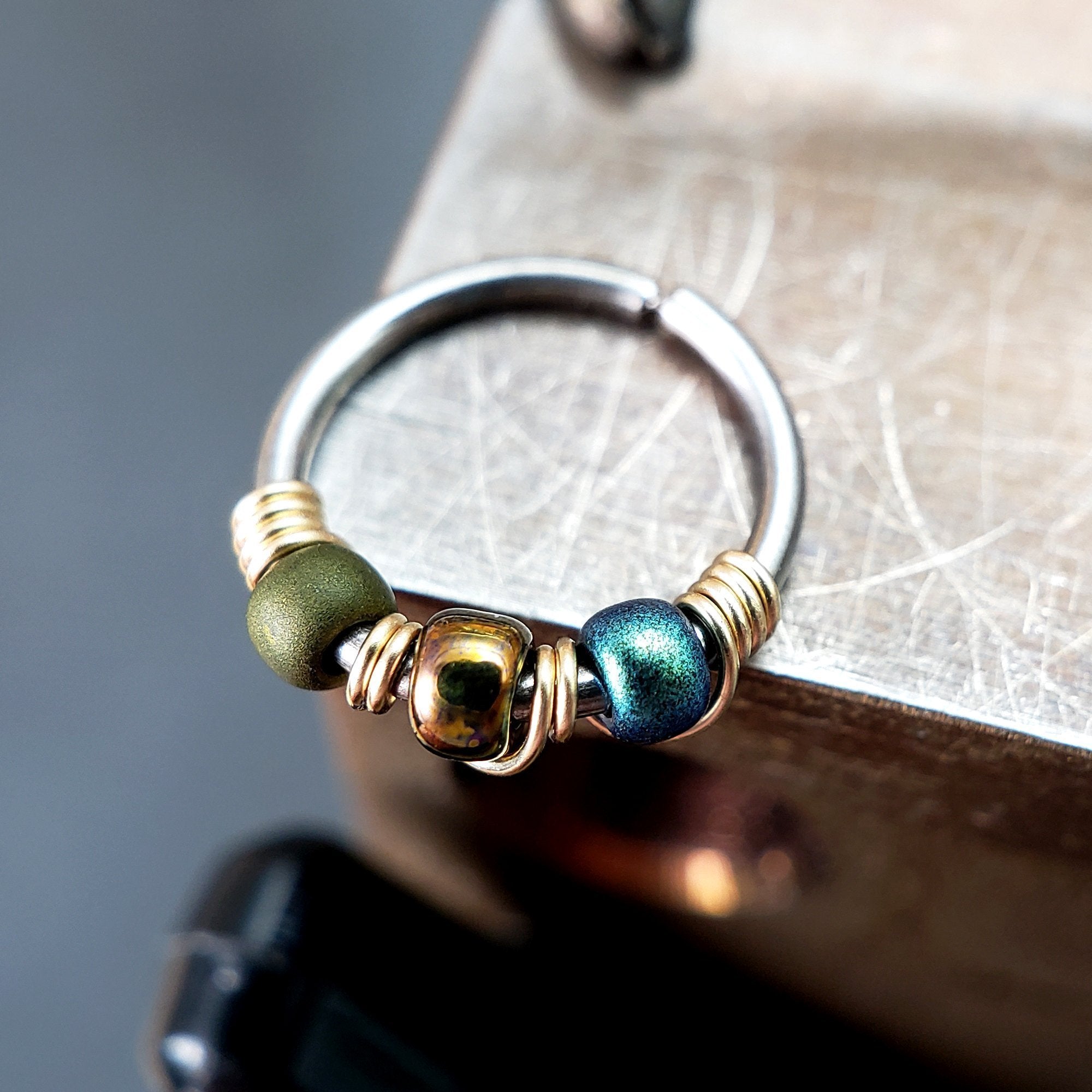 Dragonfly - Metallic Green & Teal Nose Ring Hoop - Metal Lotus