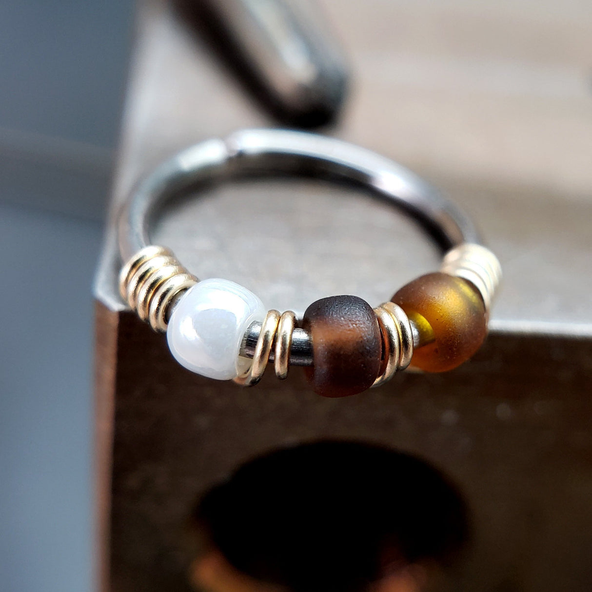 Espresso - Cream & Brown Nose Ring Hoop - Metal Lotus