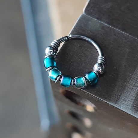 Food Allergy Awareness Teal Beaded Nose Ring Hoop - Metal Lotus