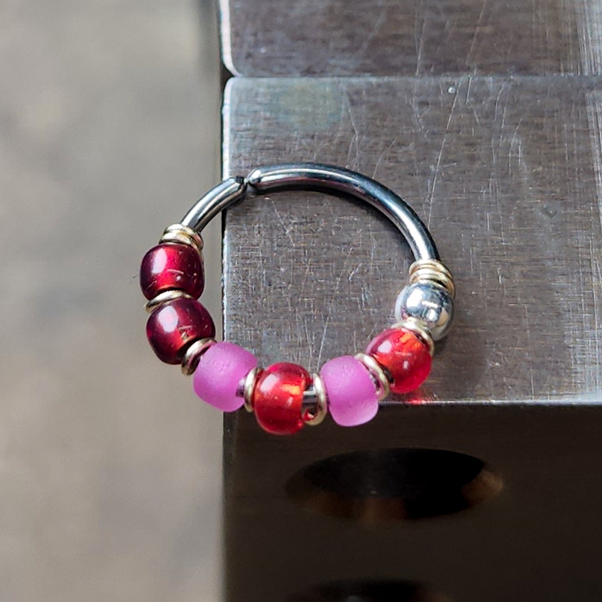 Valentine's Day - Pink + Red Beaded Nose Ring Hoop - Metal Lotus