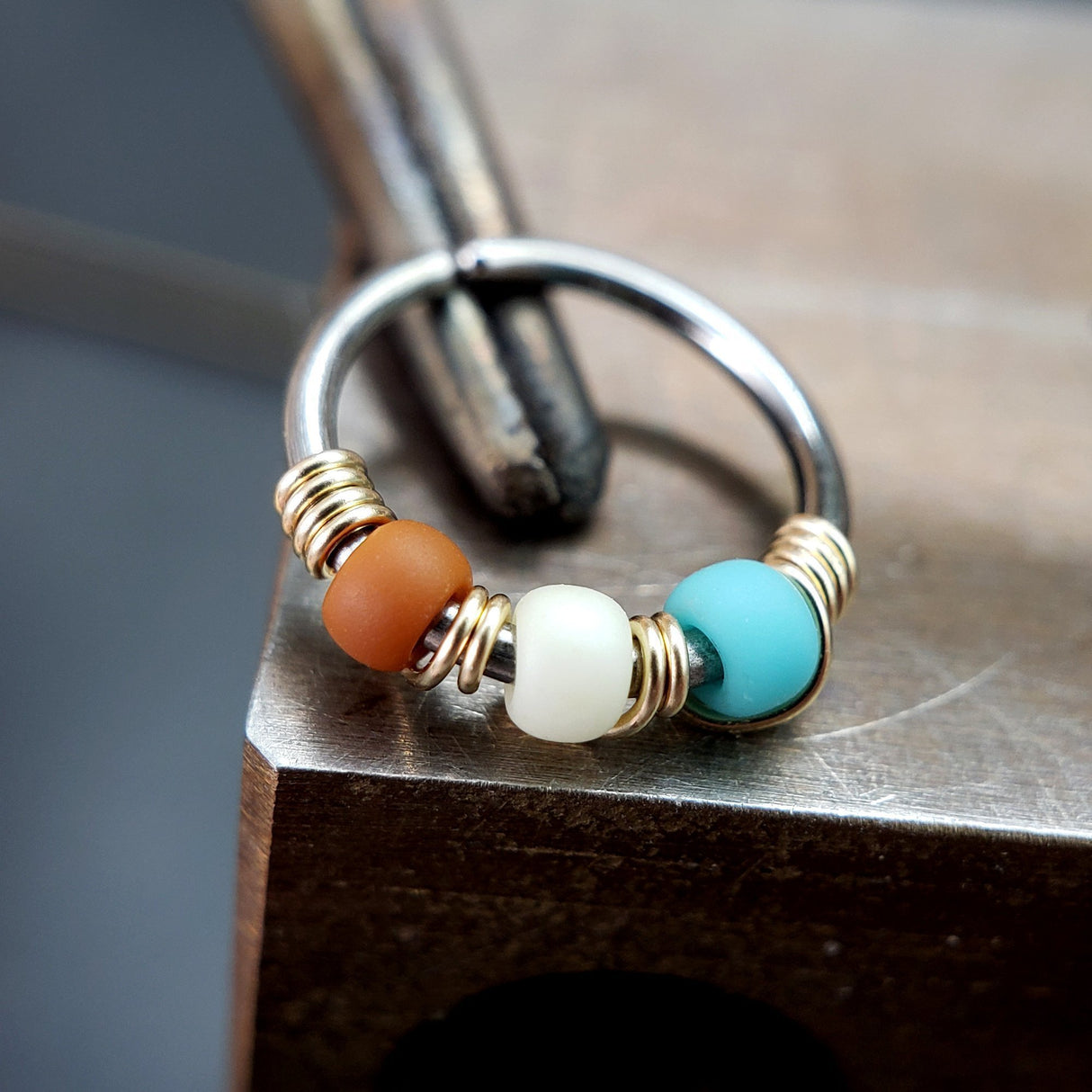 Western - Brown, Cream & Turquoise Nose Ring Hoop - Metal Lotus