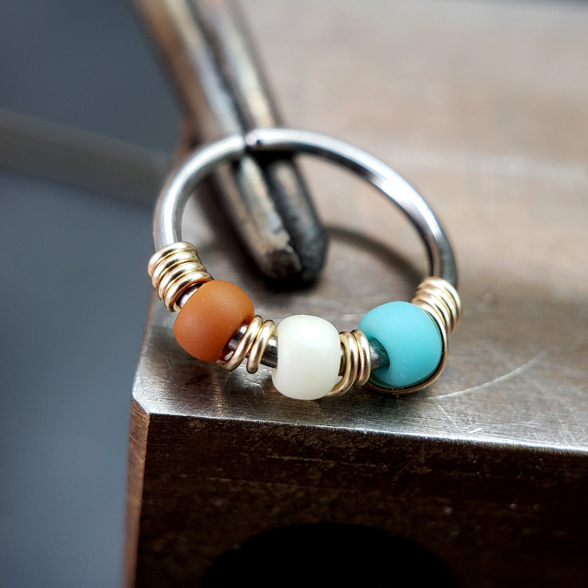 Western - Brown, Cream & Turquoise Nose Ring Hoop - Metal Lotus