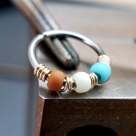 Western - Brown, Cream & Turquoise Nose Ring Hoop - Metal Lotus