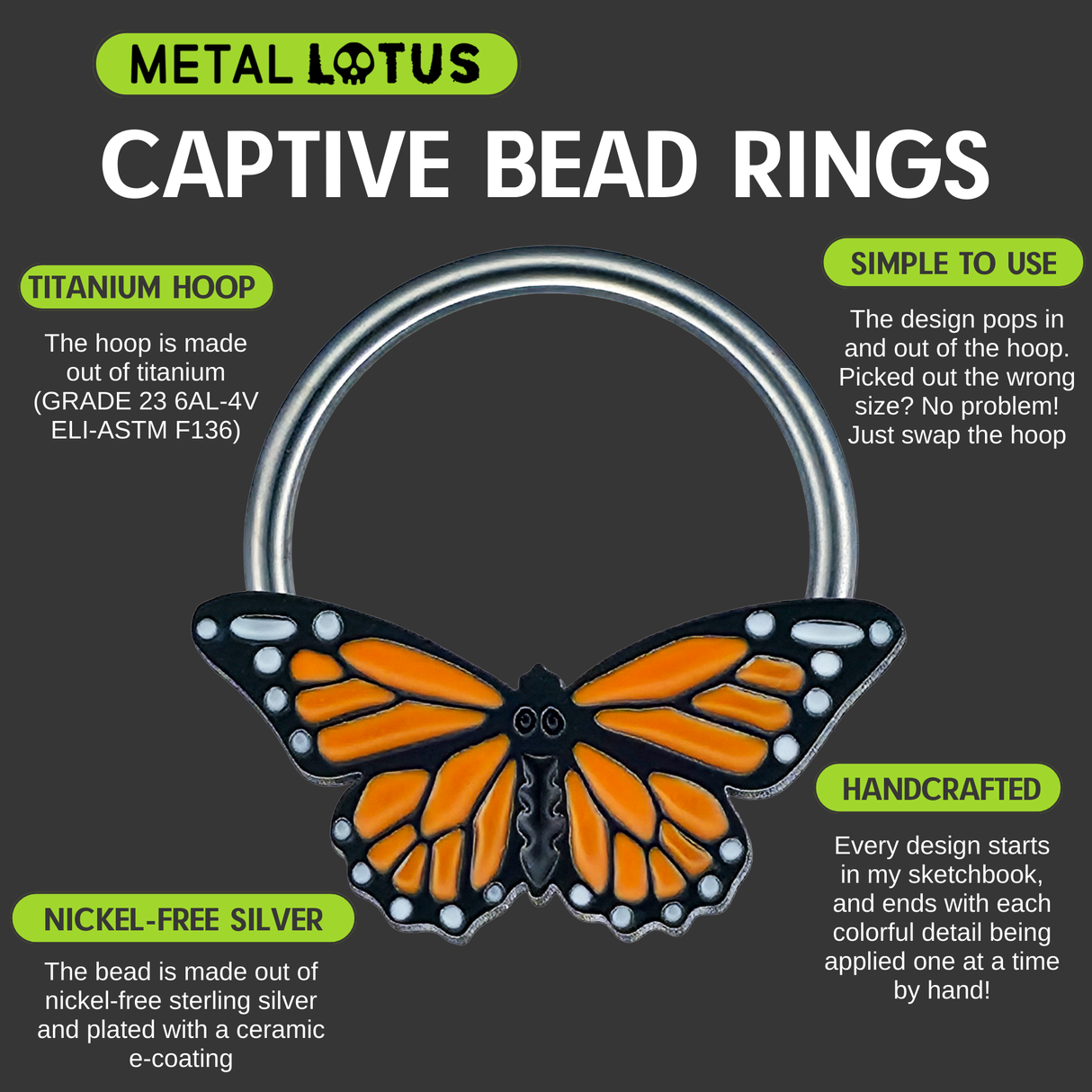Infographic showing that the captive hoop is made out of titanium, the captive bead is made out of nickel free silver, and explaining that each detail is hand applied.