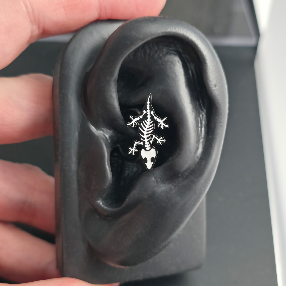 crested gecko skeleton daith earring in ear