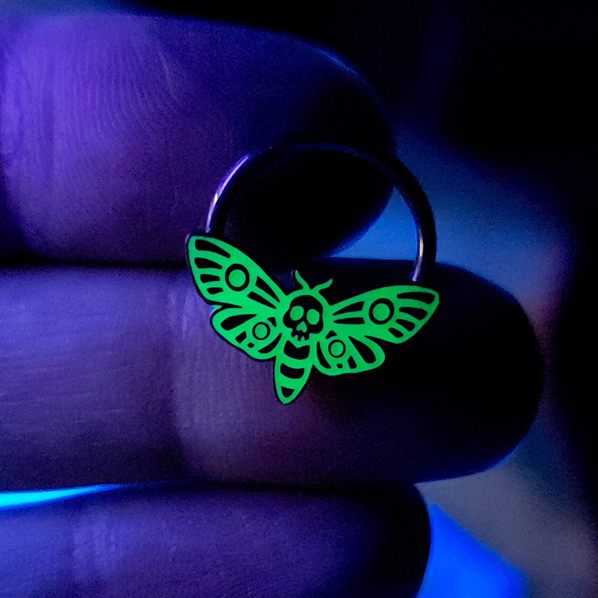 glow in the dark green deaths head moth captive bead ring