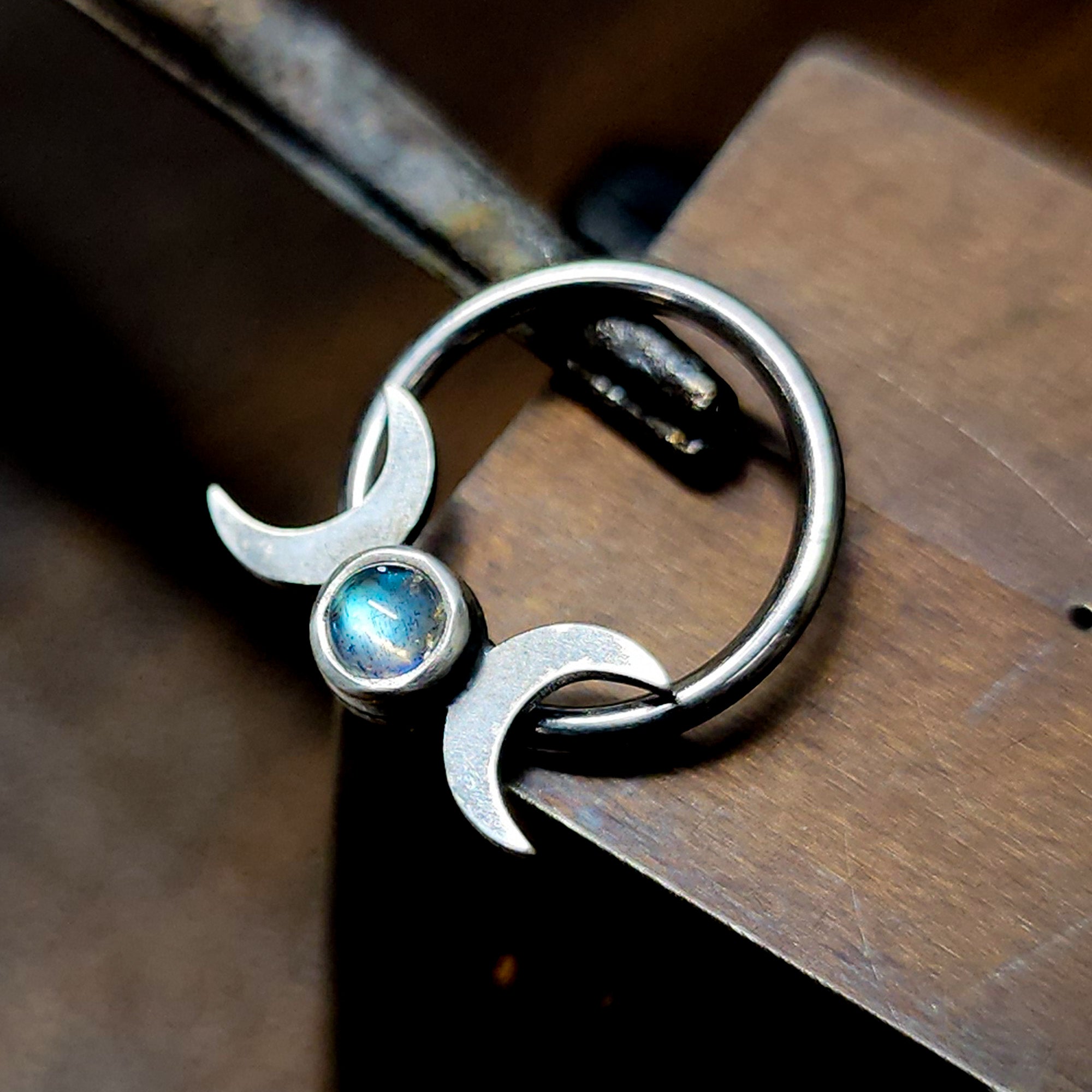 Labradorite Triple Moon Septum + Daith Ring - Metal Lotus