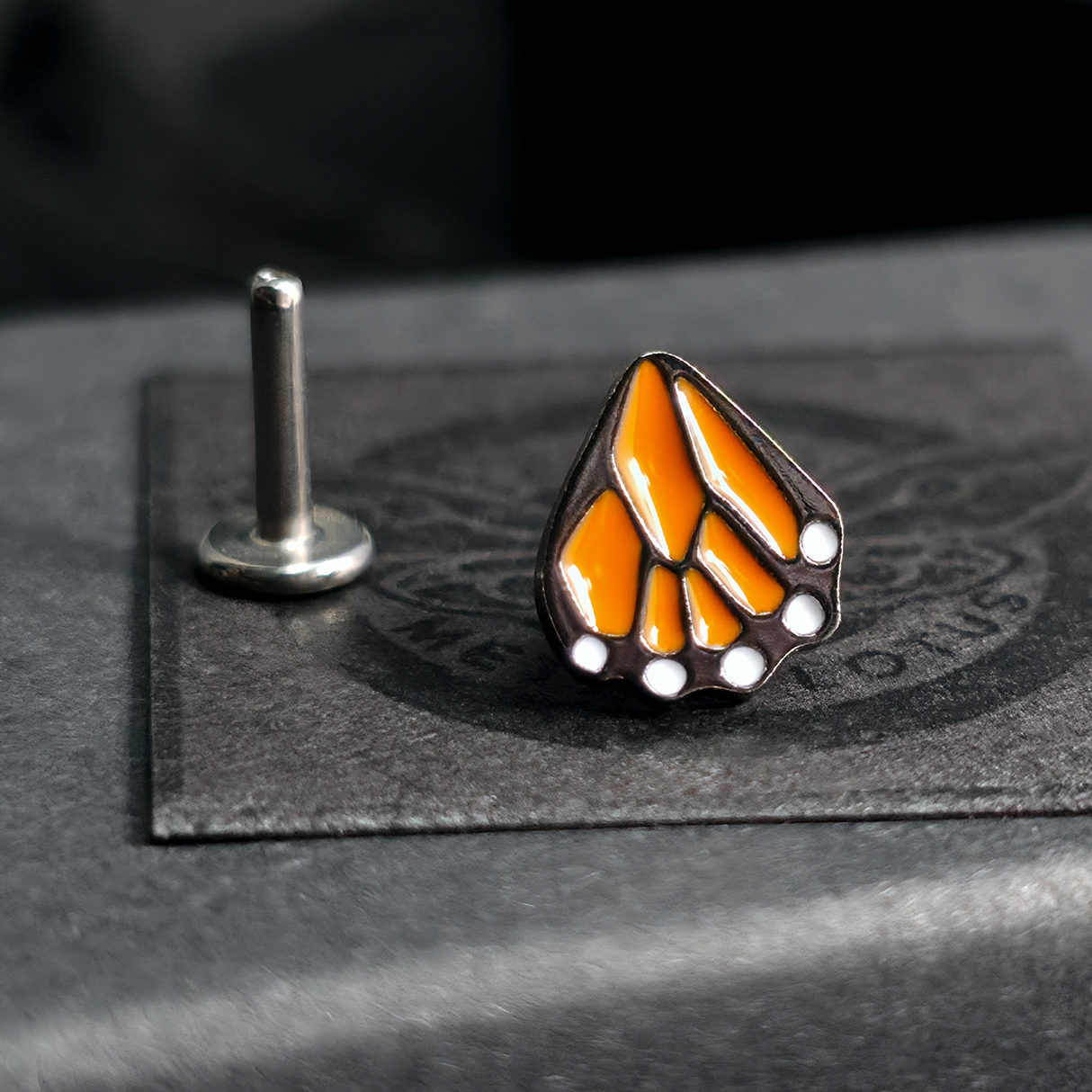 orange butterfly wing nose stud with labret backing