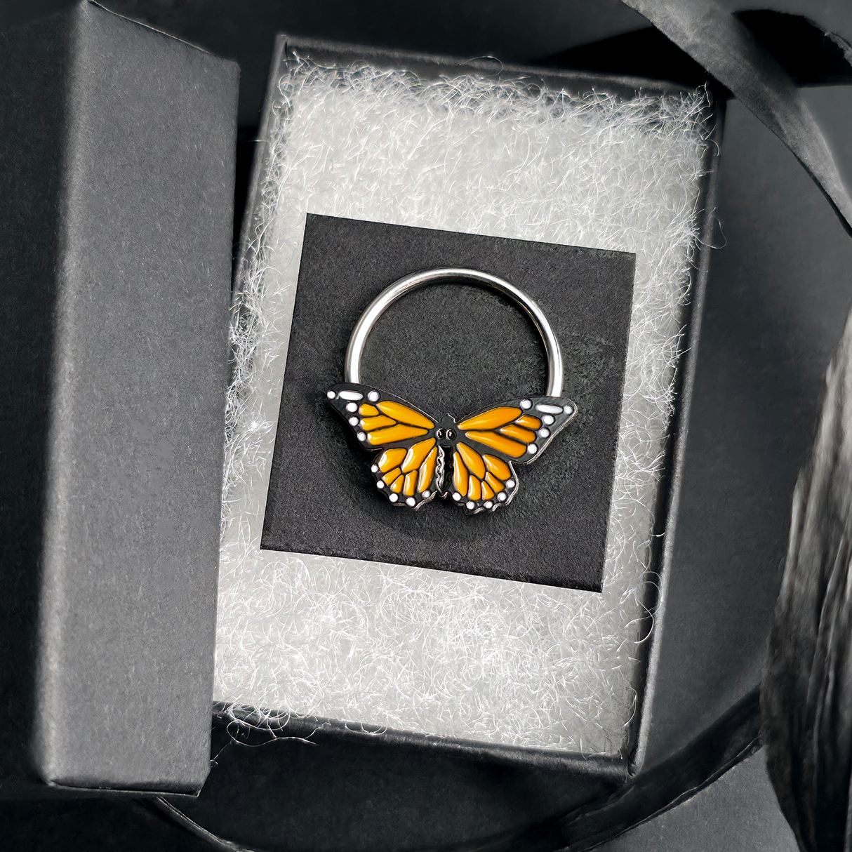 monarch butterfly septum ring in jewelry box
