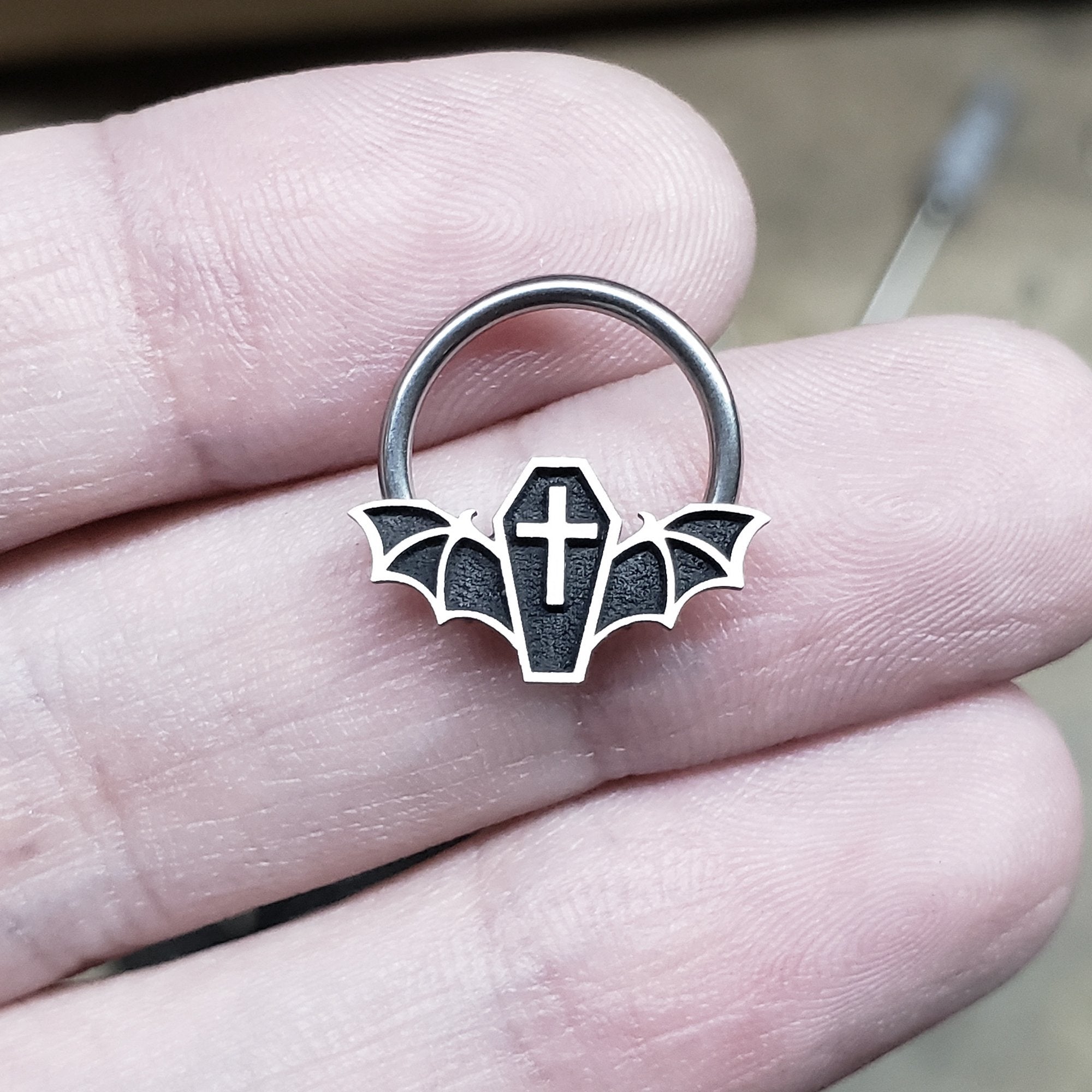 16G Coffin Bat Captive Bead Ring - Metal Lotus