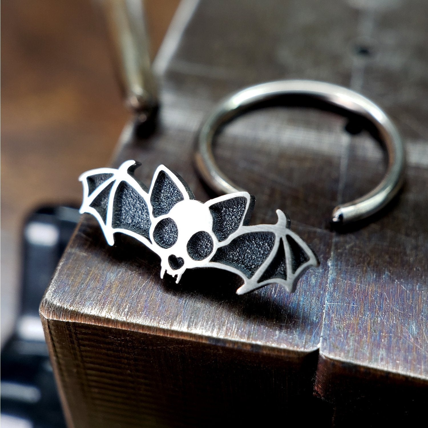 Cat Skull with Wings Captive Bead Ring - Metal Lotus