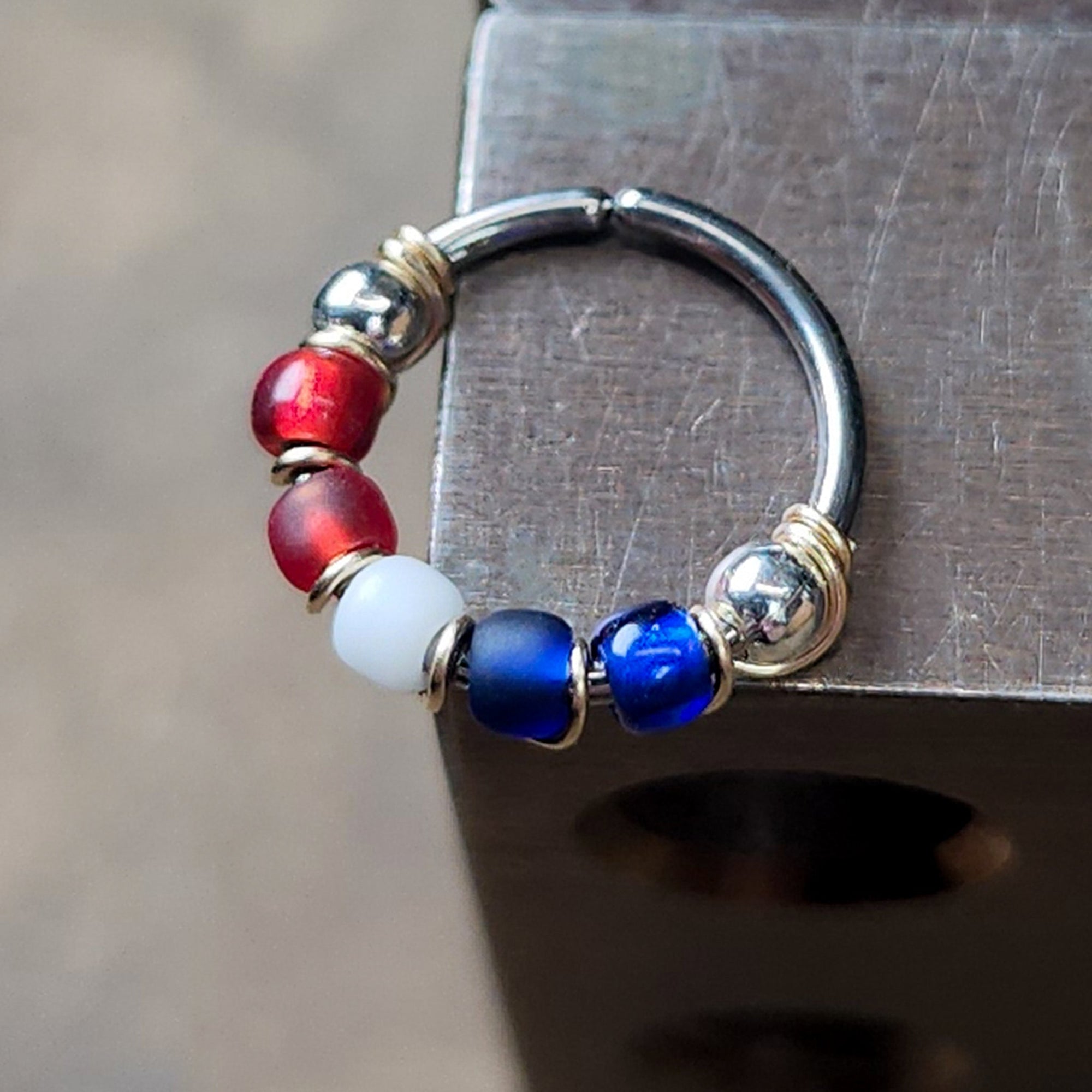 Fourth of July - Red, White + Blue Beaded Nose Ring Hoop - Metal Lotus