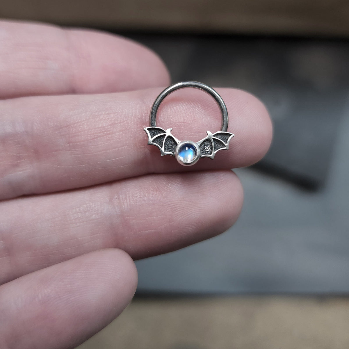 Rainbow Moonstone Bat Captive Bead Ring - Metal Lotus