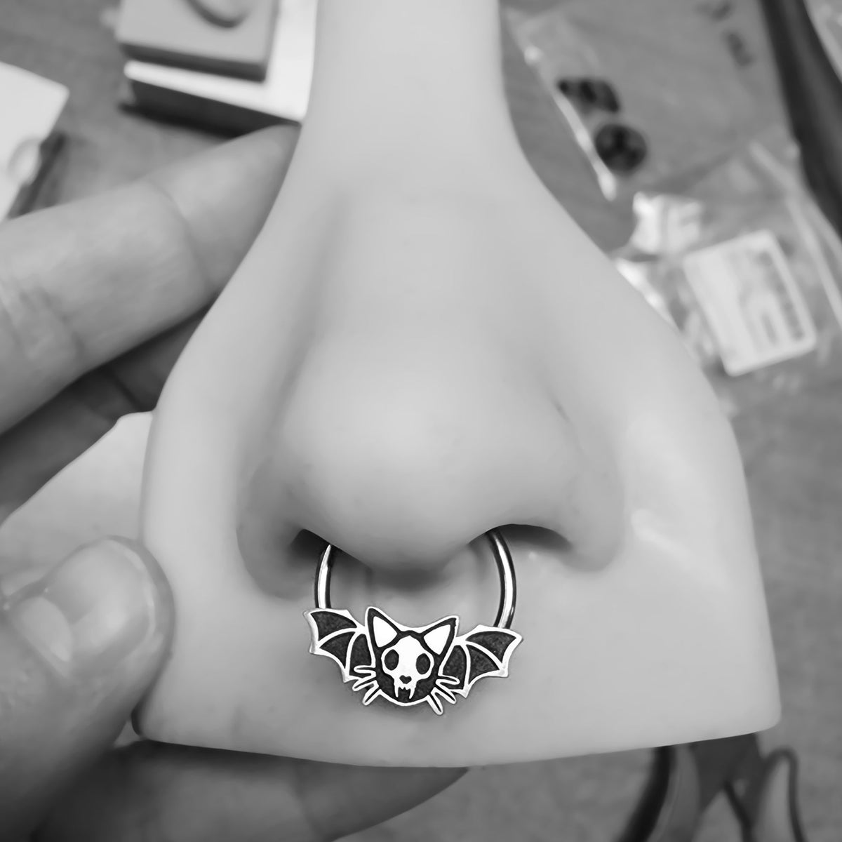 Skull Cat with Bat Wings Captive Bead Ring - Metal Lotus